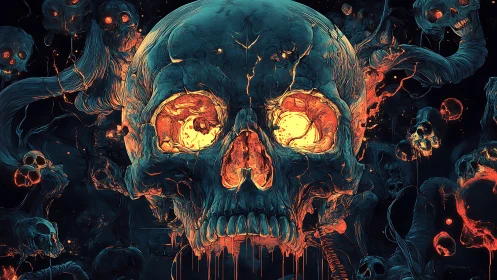 Infernal skull monolith with radiating molten ocular cores.