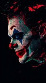 Clown portrait shows brooding profile in swirling neon strokes