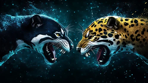 Two Fierce Big Cats Face Off in Glowing Particle Clash