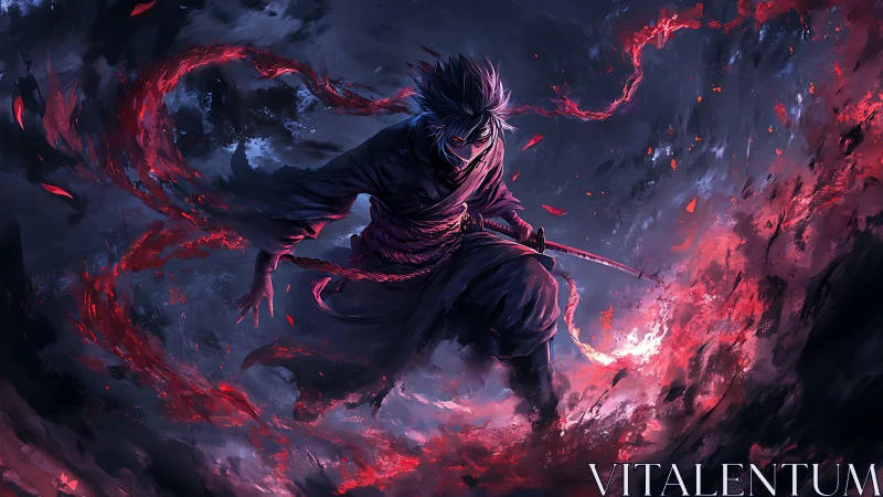 Dark swordsman channels crimson energy in storming void