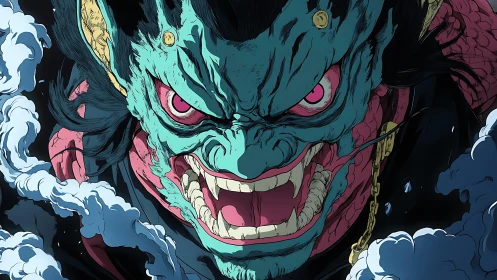 Demonic dragon mask lunges forward through swirling smoke.