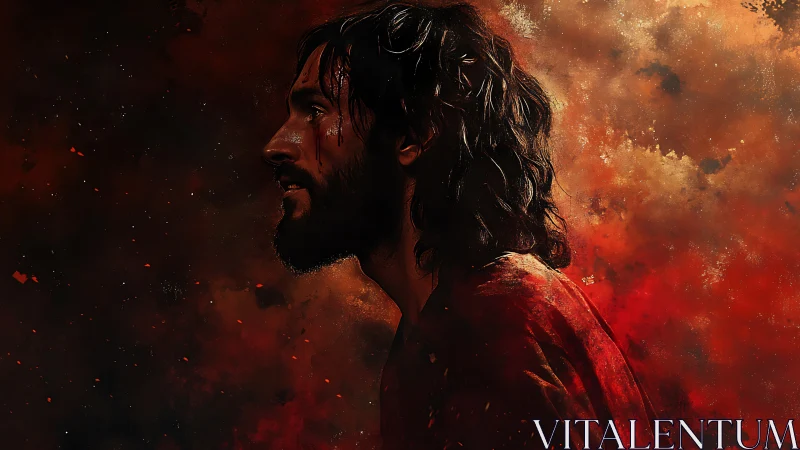 Solitary figure in crimson stormlight, held between hope and fire.