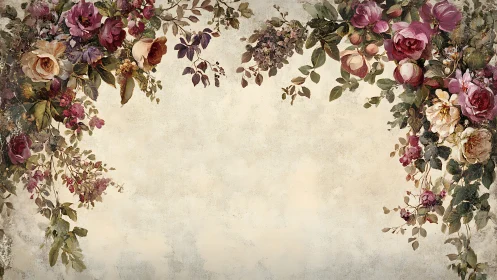 Vintage floral border with roses on textured neutral ground.