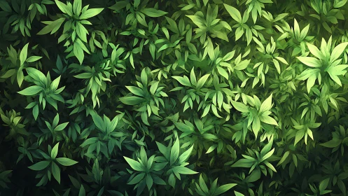 Dense digital foliage background with layered green leaves.