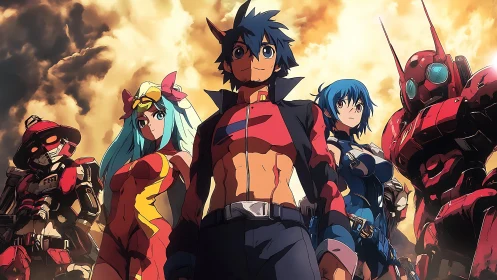 Anime heroes stand with red mechs under dramatic sky