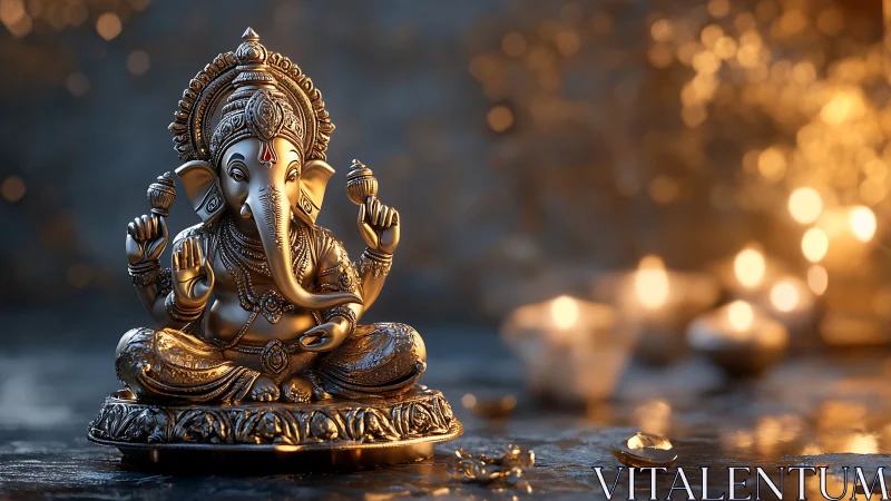 Photorealistic brass Ganesha sculpture with bokeh diya lights.
