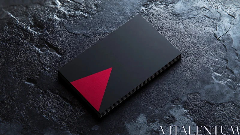 Matte black business card stack with red embossed triangle contrast
