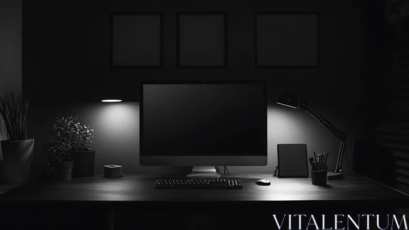 Minimalist monochrome desk with computer and lamps.
