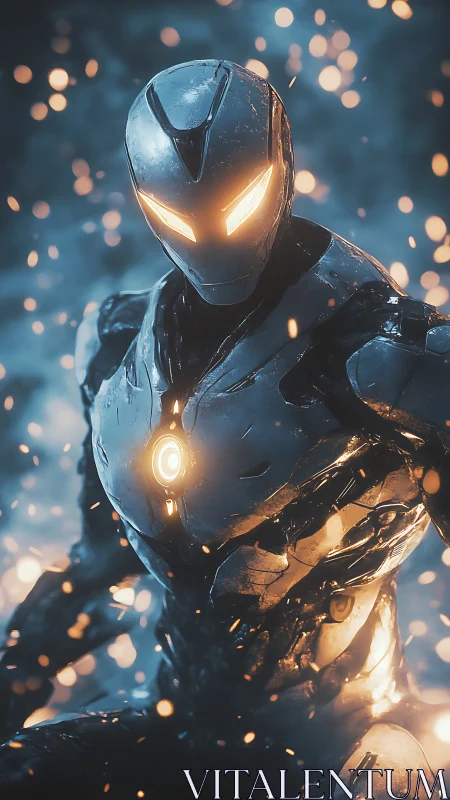 Armored cybernetic sentinel kneels amid embers in cold bokeh field