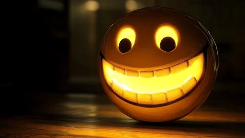 Glowing smiley pumpkin orb casts warm ambient light.