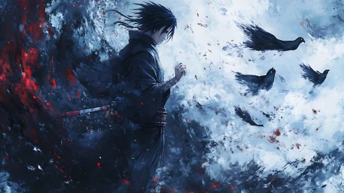 Dark clad swordsman with crows in abstract storm scene.