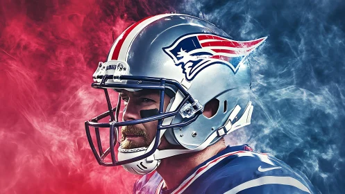 American football player profile amid split red blue smoke