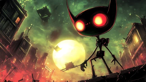 Alien-eyed robot surveys a burning apocalyptic cityscape.