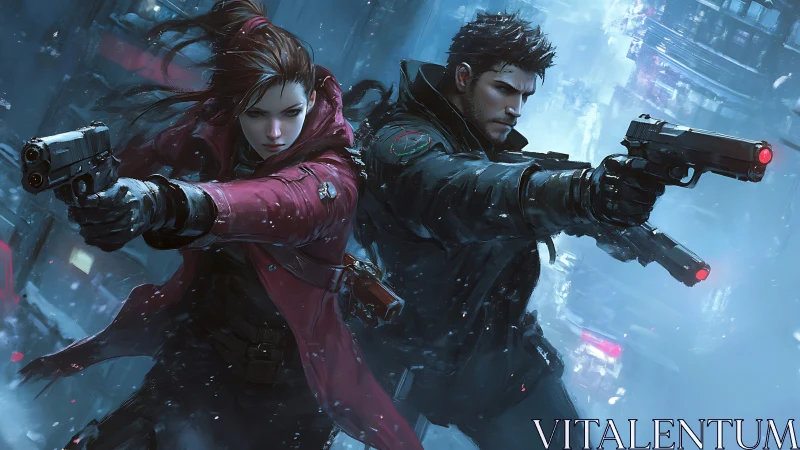 Two armed fighters aim pistols in a snowy neon city street