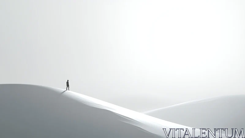 Quiet figure wandering across soft, sunlit white dunes.