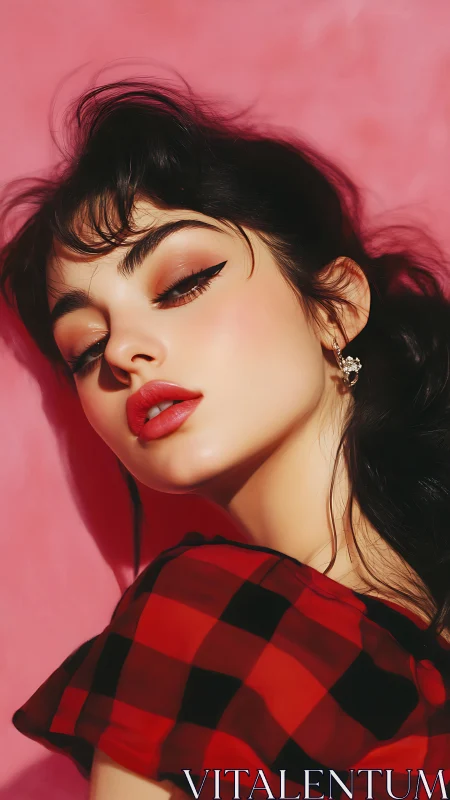 Crimson plaid portrait with dramatic winged eyeliner glow.