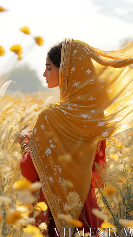 Woman in yellow dupatta standing in sunlit flower field.