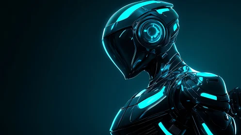 Neon sentry android poised in midnight circuitry glow.