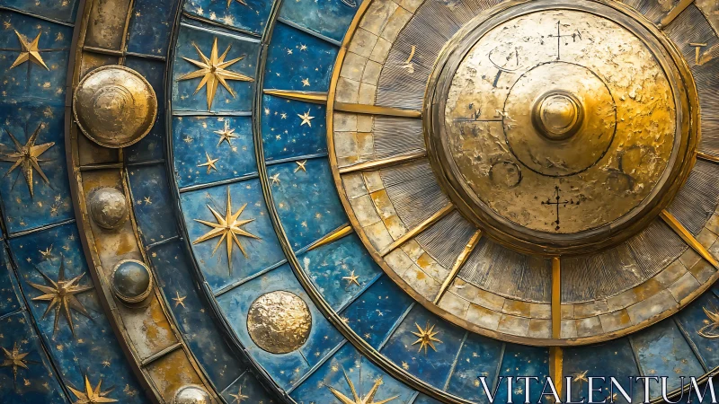 Circular astronomical dial with gold symbols and blue segments.