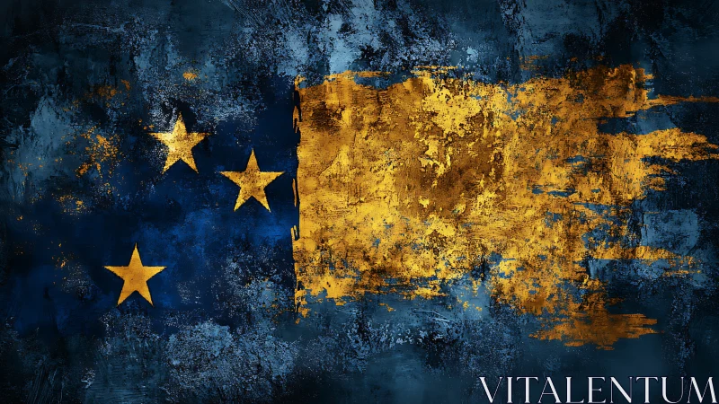 Distressed blue flag with bold golden stars and brushstroke.