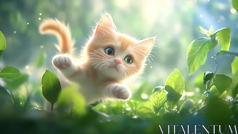 Orange and white kitten positioned among green foliage in natural lighting.