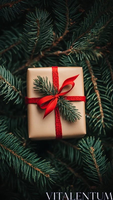 Gift box with red ribbon nestled in evergreen branches.