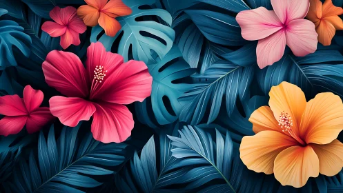 Neon Blooms Dance Across Monstera Shadows in Digital Paradise