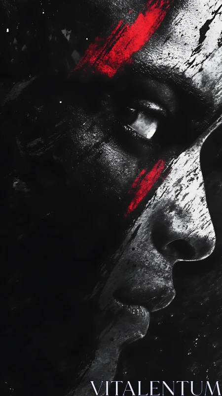 High-contrast portrait with red diagonal war-stripe accenting profile.