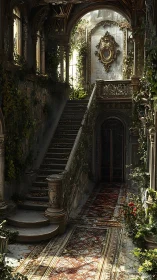 Digital painting of overgrown baroque staircase and corridor interior.