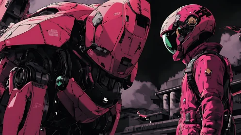 Pink armored mech and pilot facing off in urban dusk scene.