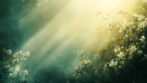 Sunlit wild blossoms drifting in luminous misted air.