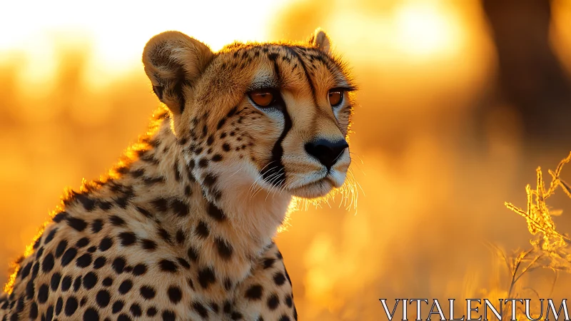 Cheetah stands in shallow depth of field at sunset light