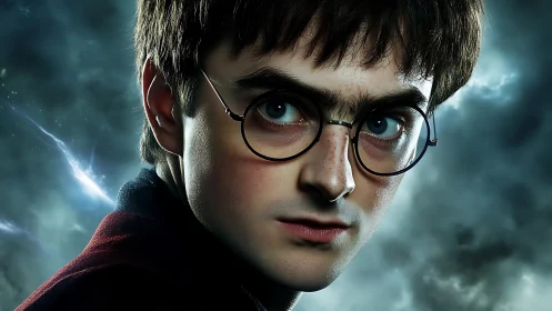 Storm-lit young wizard portrait in dramatic close-up.