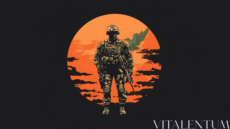 Armored soldier silhouettes against burning orange sun