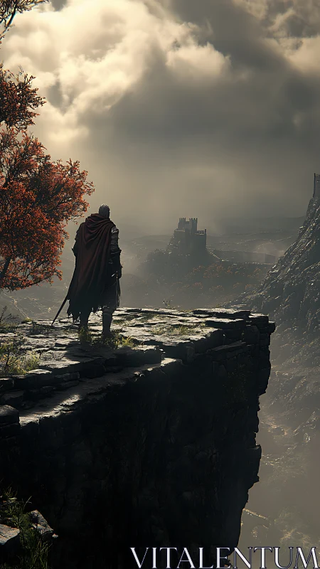 Lone cloaked warrior surveys distant stormlit fortress.