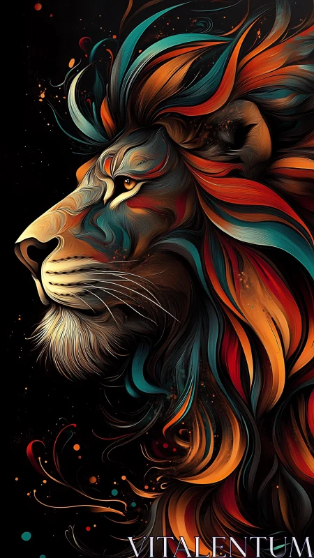 Firelit lion profile with flowing abstract neon mane.