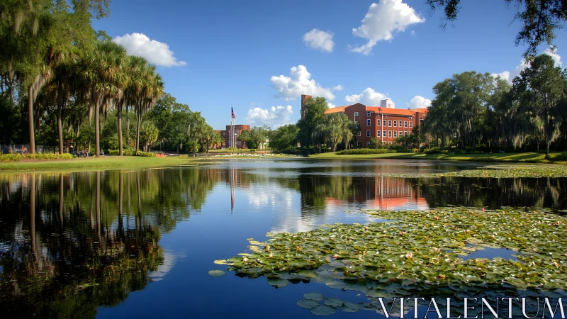 Red brick campus building reflected in tree-lined lake.