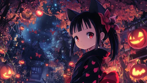 Cat-eared girl stands in lantern-lit Halloween street scene