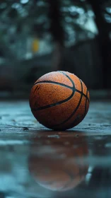 Wet basketball rests on reflective outdoor court puddle