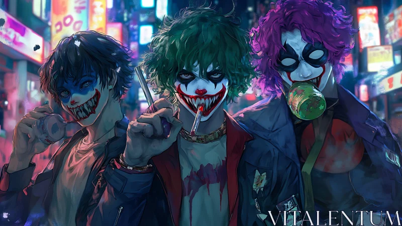 Neon street clowns bare manic grins under city lights.