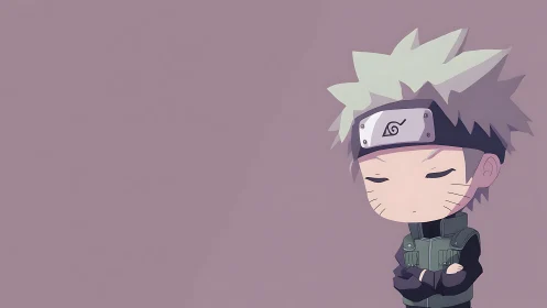 Minimal chibi ninja figure against plain mauve ground.