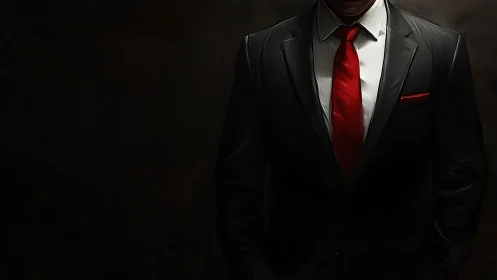 Red tie on black suit in low key vignette digital rendering