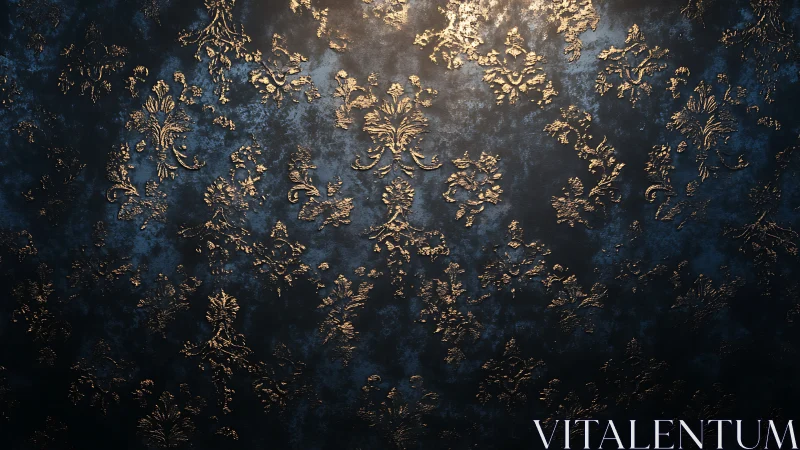 Ornate gold damask shimmer across deep navy ground.