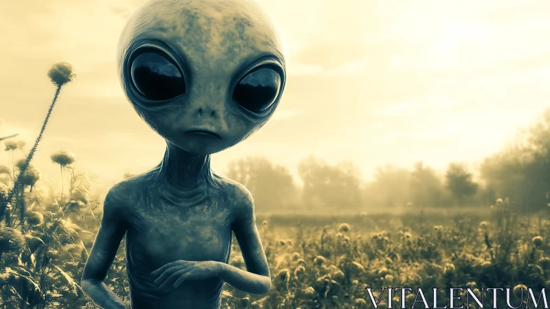 Extraterrestrial figure rendered in high-contrast 3D within hazy meadow