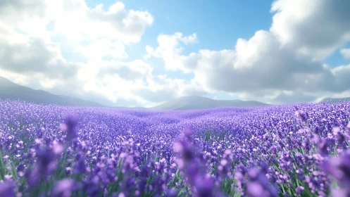 Endless lavender fields glow beneath soft summer clouds.