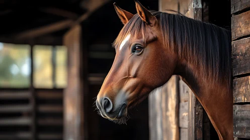 Barn doorway daydreamer horse in warm rustic stillness.