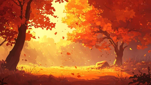 Radiant volumetric light across stylized autumn forest clearing.
