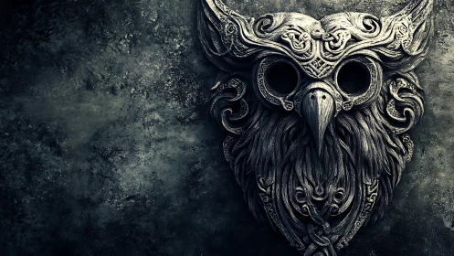 Ornate stone owl mask with gothic filigree on dark wall.