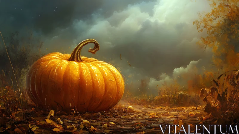 Monumental pumpkin rests in a storm-lit autumn landscape