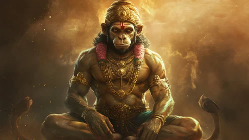 Divine simian warrior sits in radiant golden atmosphere
